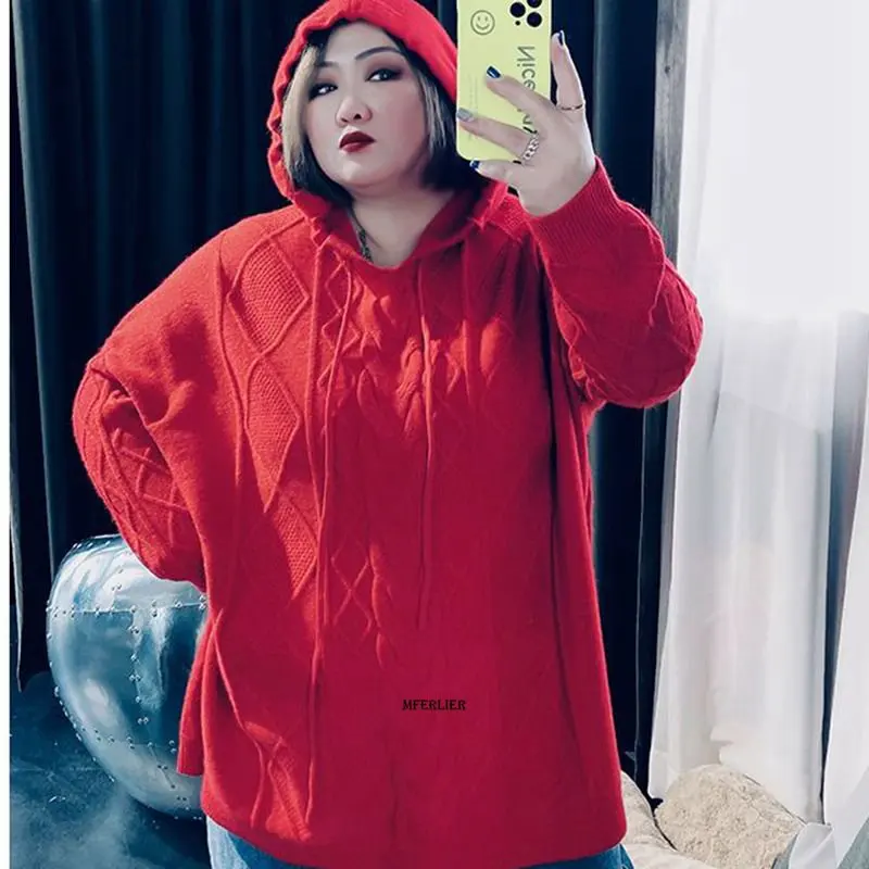 

Plus Size 6XL 150kg Harajuku Hooded Winter Sweater Women Casual Solid Color Knitted Pullover Tops Woman Fashion Oversized Coat
