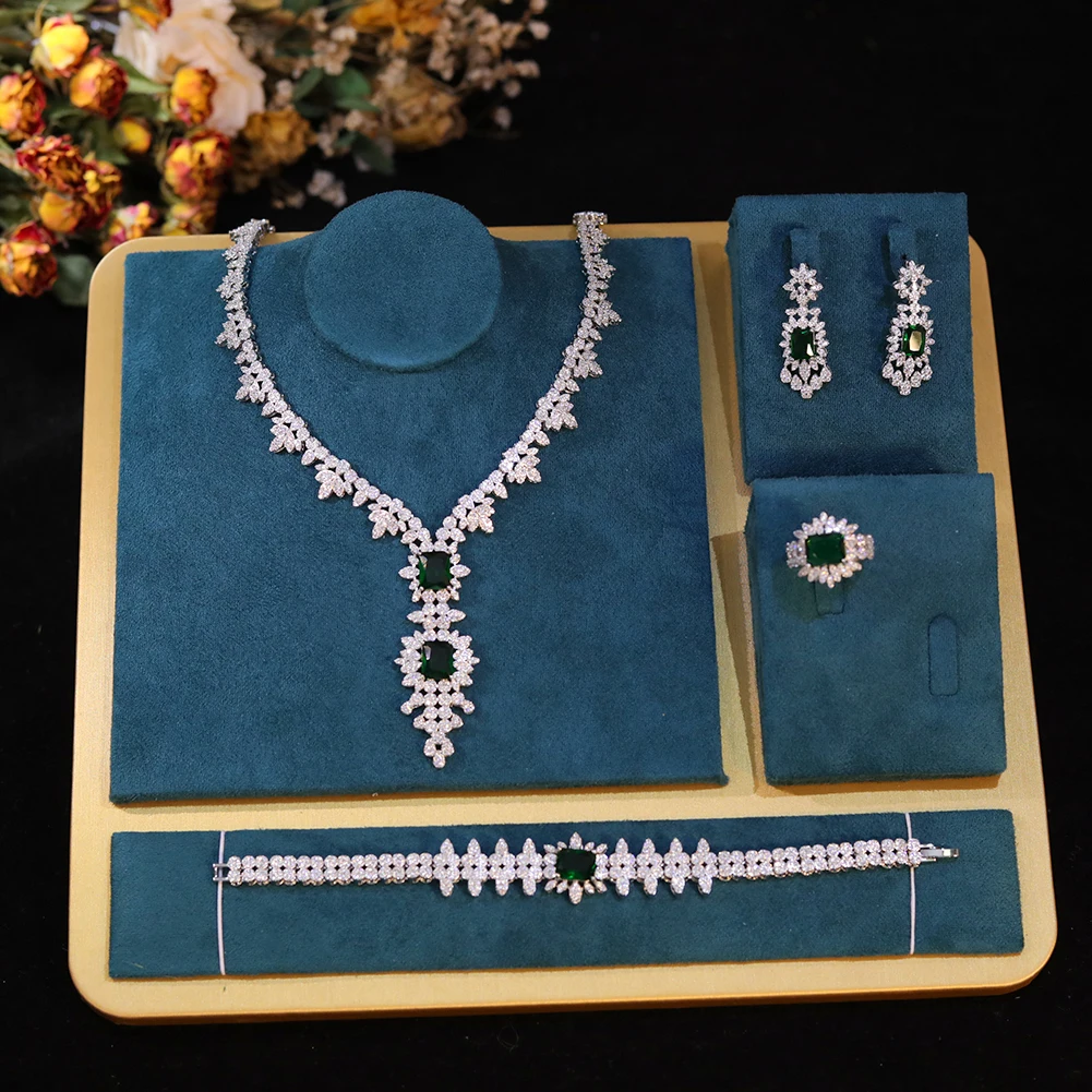 

Luxury Bridal Green Necklace Bracelet Ring Earring Jewelry Sets For Women Wedding Party Accessories Design ZY086