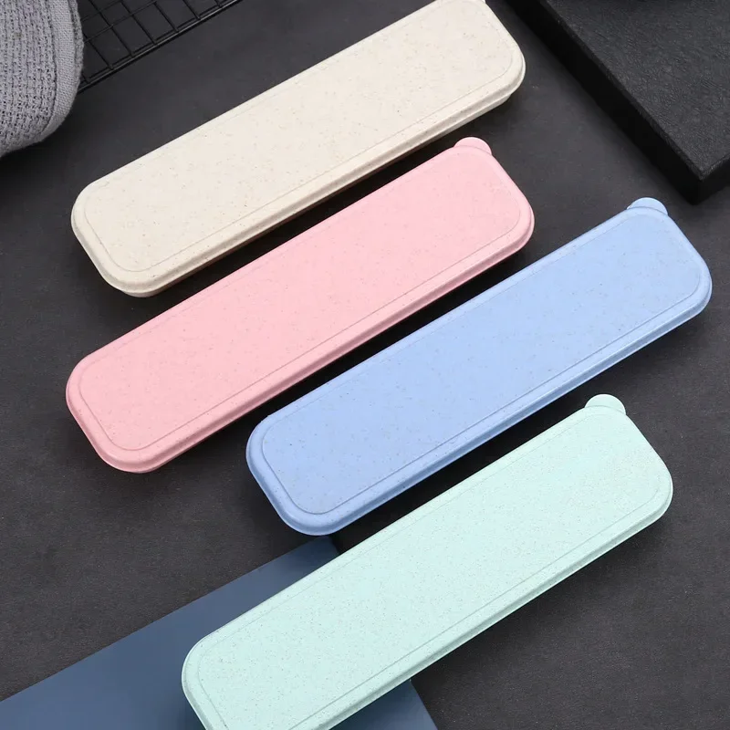 Tableware Storage Box Wheat Straw Storage Box Kitchen Dustproof Spoon Fork Chopsticks Boxes Children Kid Students Travel Portable Tableware Pencil Box