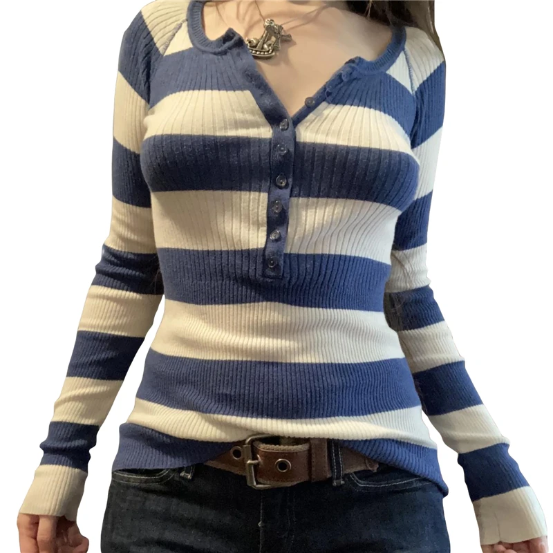 y2k Fairycore Top Vintage Aesthetic Women Striped Button Round Neck Long Sleeve Knitted Tshirt 2000s Clothes Streetwear 1 y2k Fairycore Top Vintage Aesthetic Women Striped Button Round Neck Long Sleeve Knitted Tshirt 2000s Clothes Streetwear