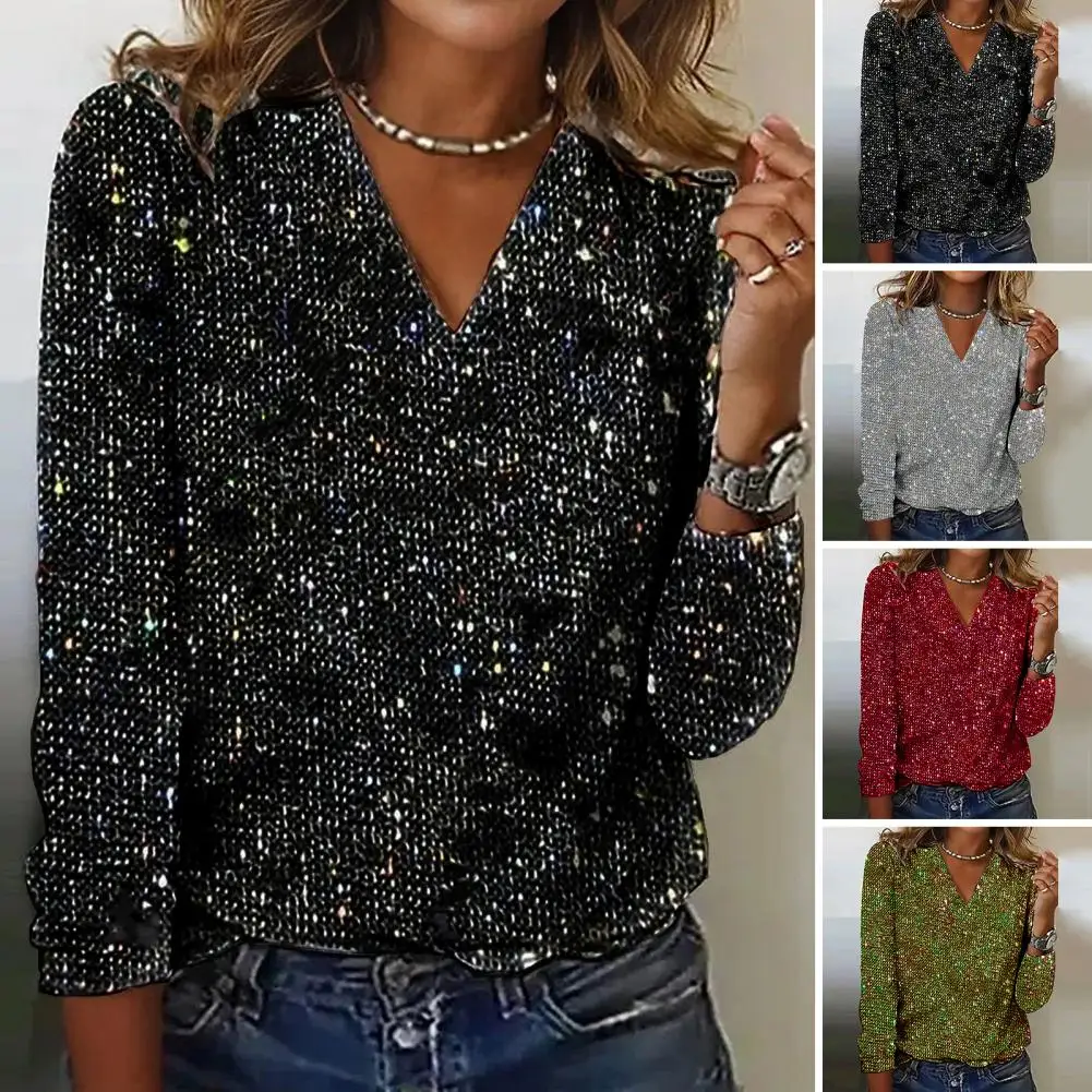 

Soft Stretchy V-neck Top Elegant Shiny Sequin V Neck Blouse for Women Long Sleeve Loose Soft Pullover Pure Color for Commute