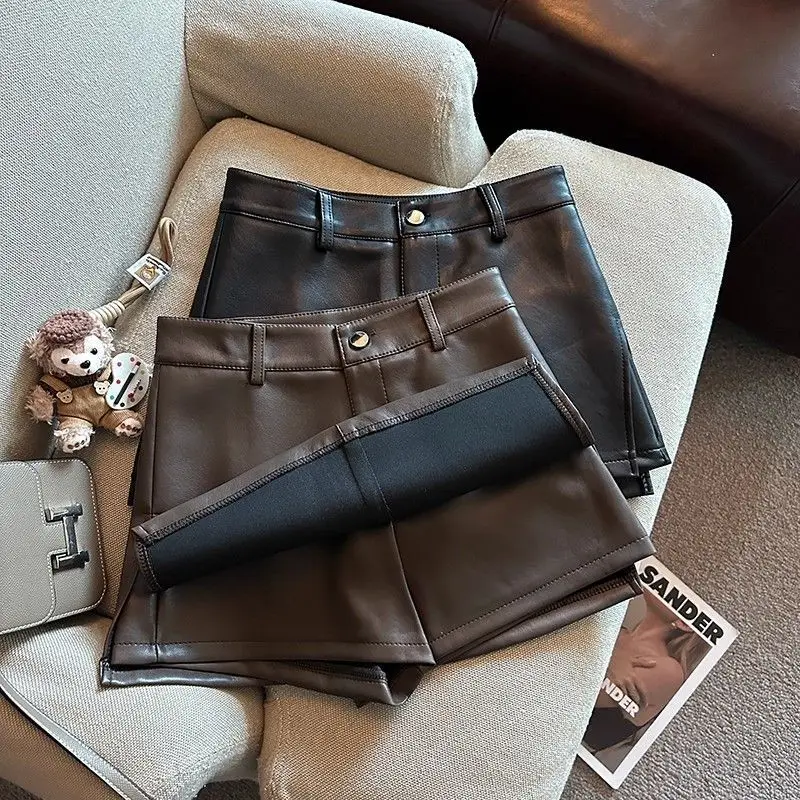 Vintage Braun PU Leder Röcke Weibliche Sexy Hot Mädchen Paket Hüfte Mini Rock Frauen Herbst Winter Hohe Taille Split Shorts Rock – Detail 2