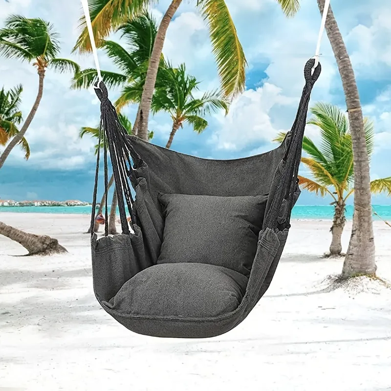 Outdoor Hammock Chair with 2 Pillows, Striped Hammock Suitable for Both Outdoor and Indoor Use, Outdoor Hanging Rope Chair