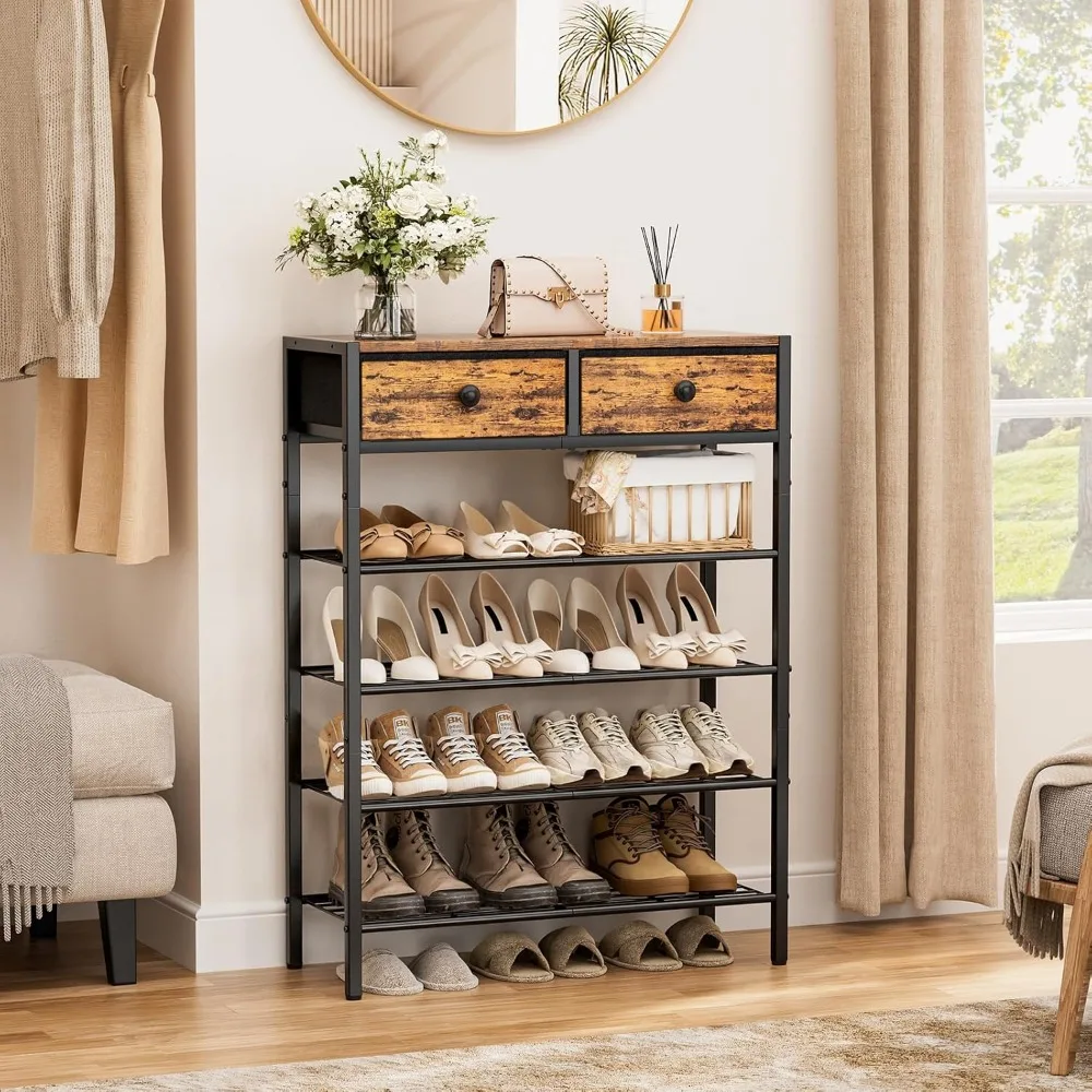5 Tier Shoe Rack for Entryway, Shoes Storage Organizer with 2 Drawers, for 16-20 Pairs with Wooden Top for Closet, Shoe Cabinets 4