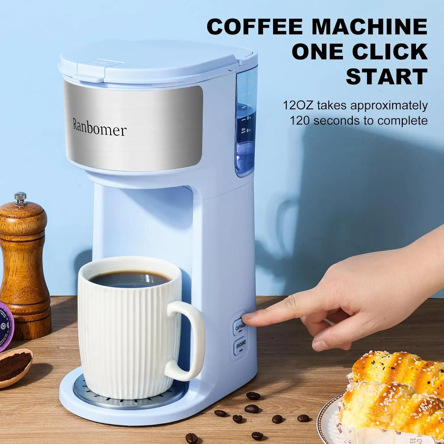 Single Serve Coffee Maker, K Cup and Ground Coffee Machine 2 in 1, 6 to 14 Oz Brew Sizes, Mini One Cup Coffee Maker(Blue) 3
