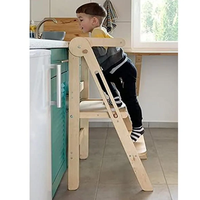 Folding Baby Footstool Hand Washing Table with Handrail Non-slip Solid Wood Tower Children Washstand Footstool Kids Chair