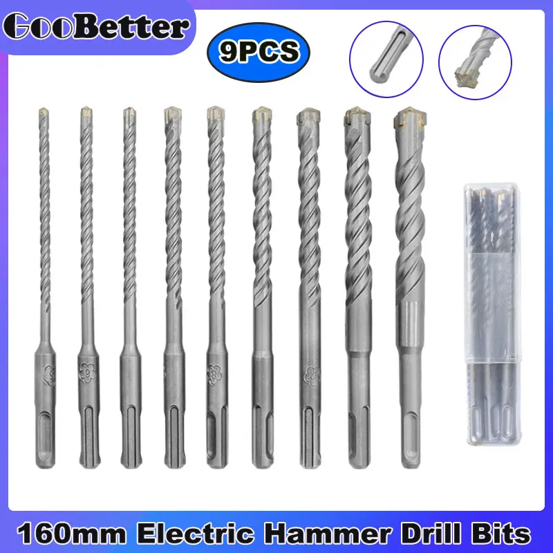 

9pc 160mm Concrete SDS Plus Drill Bit 5/6/8/10/12/14/16 Cross Type Wall Brick Block Electric Hammer Masonry Drilling Bits Tools