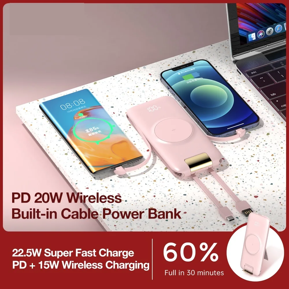 내장 케이블 충전 라인 PD 충전기, 휴대용 무선 파워뱅크, 외장 배터리, 모바일 보조배터리, 20000mAh