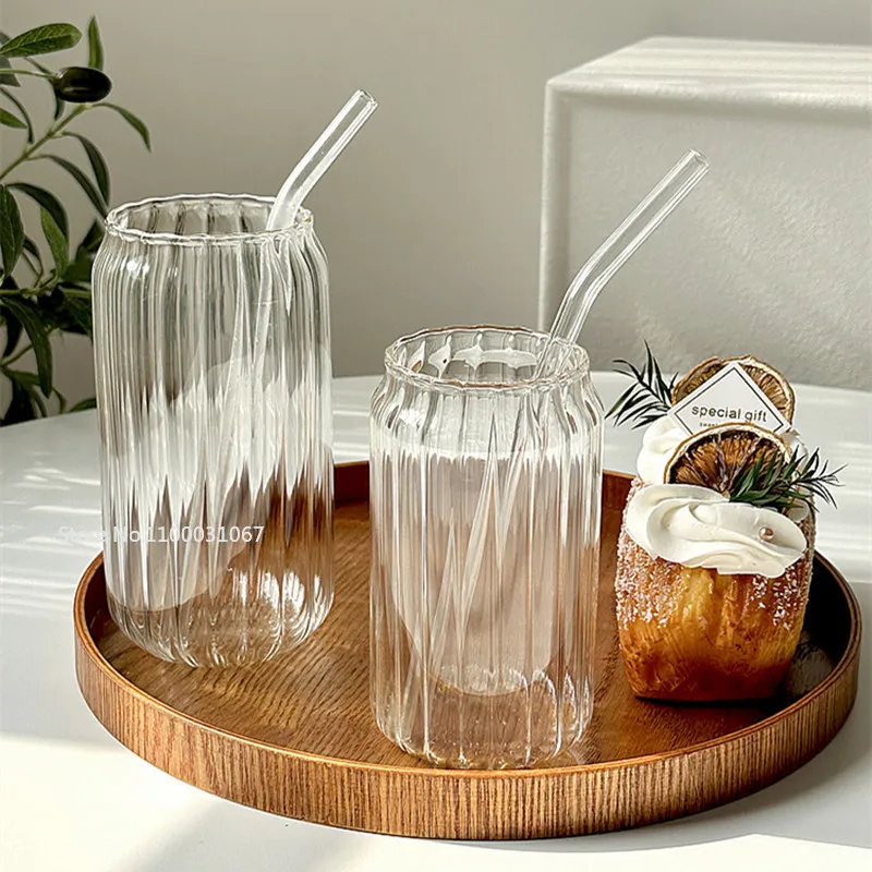 550ml Stripe Glass Cups With Lids and Glass Straws Ribbed Tumbler