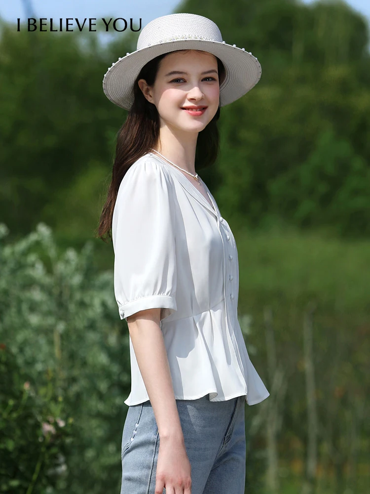I BELIEVE YOU V-neck Thin Short-sleeve Women Chiffon Shirts New 2024 Summer French Spliced Retro Slim Blouse For Lady 2242205619