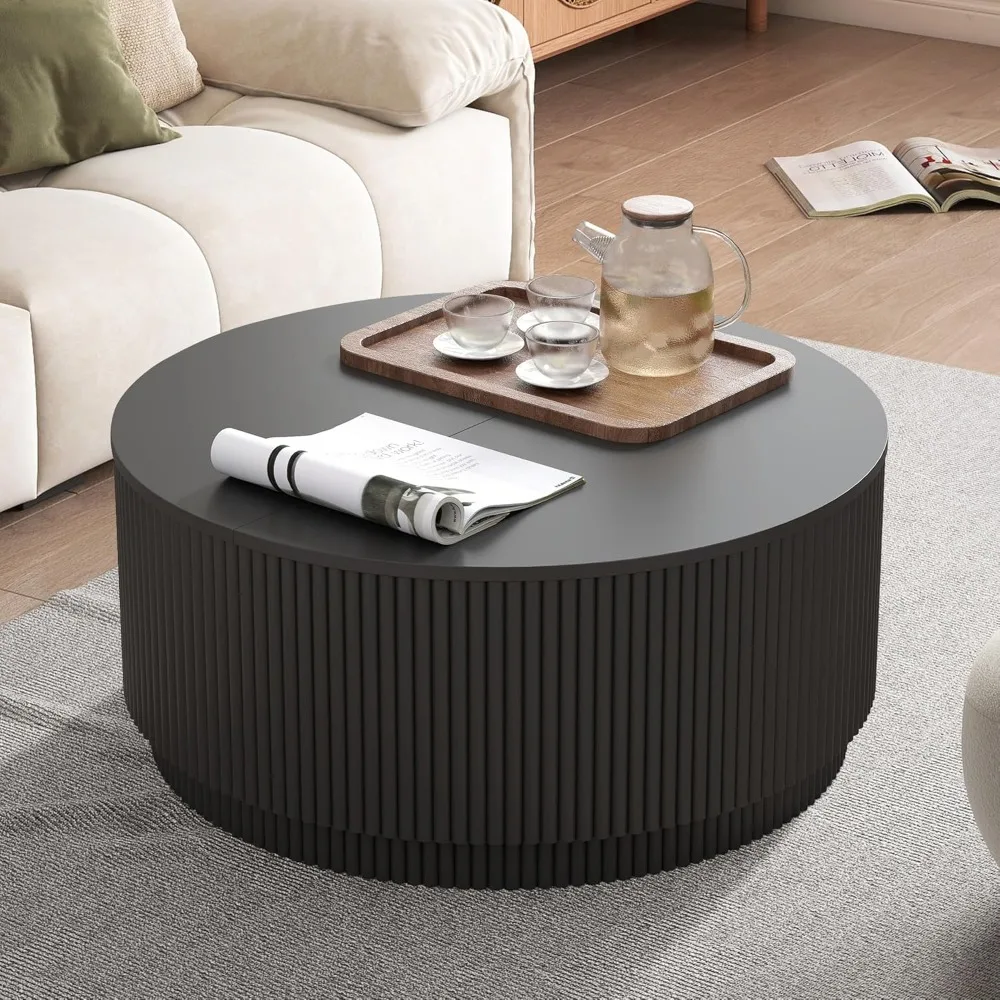 31.5" Round Coffee Table, Modern Fluted Accent with Metal Frame for Living Room or Office