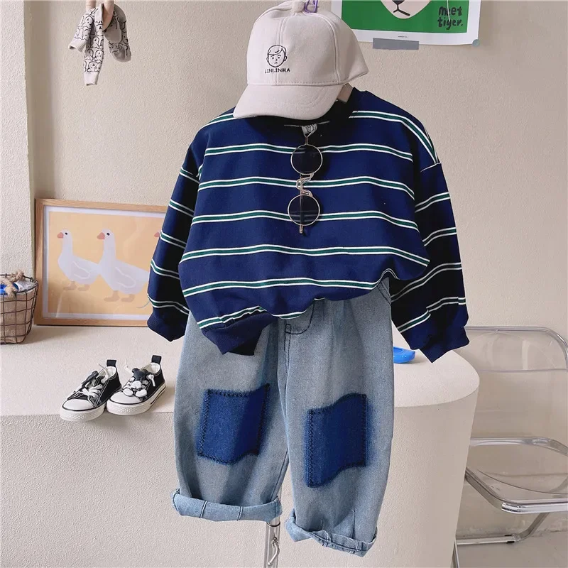 

Children' Sets Autumn Stripes O-neck Tops Pullover Spring Fashion Loose Jeans Pants 2-piece Set Casual Outfits Boy Girls Clothes