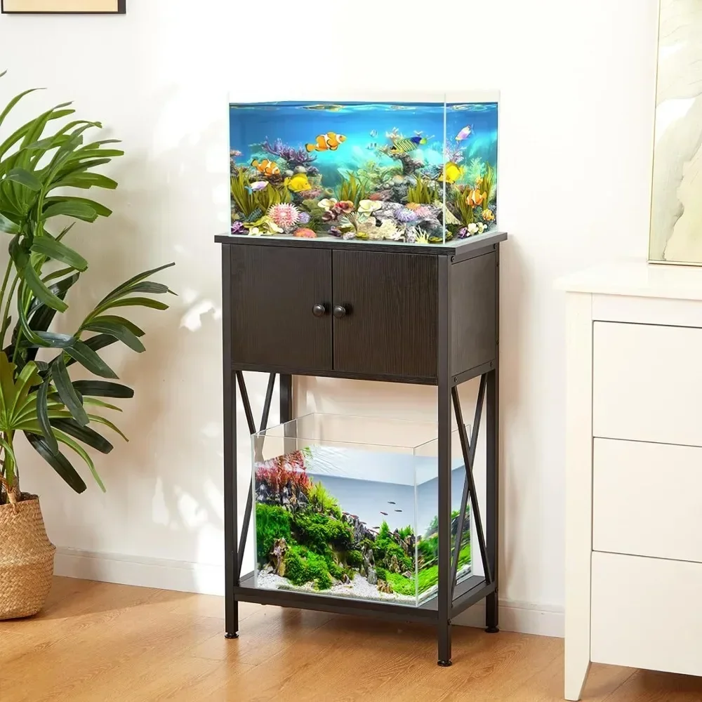 10 Gallon Fish Tank Stand with Cabinet,Double Aquarium Stand for 10 & 5 Gallon Fish Tank,Heavy Metal with Stable Structure