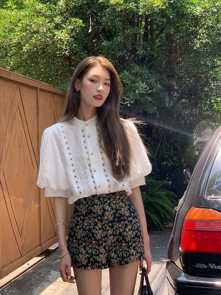 Summer Tea Versatile Internet Celebrity French Kikyu Rich Family Thousand Gold Small Fragrance Shirt Shorts Two Piece Set
