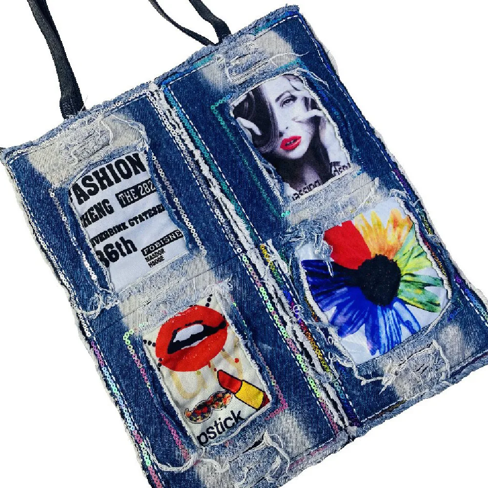 Denim Crossbody Tote Bags Women Fashion Cartoon Printing Shoulder Bag Female Casual Versatile Large Capacity Handbags