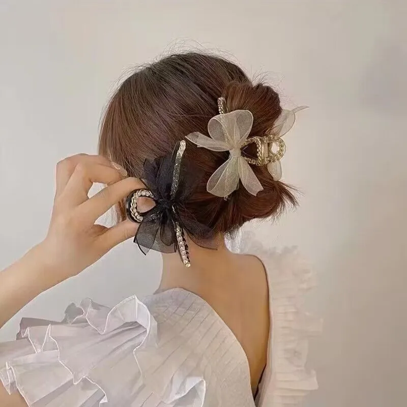 

New Korea Mesh Bow Grip Clip Female Ponytail Braid Hair Claw Clip Rhinestone Hair Clip Girl Hair Accessories Gift Headdress
