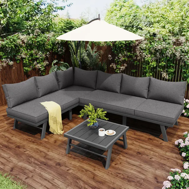 Set di mobili da giardino, set di poltrone per 5-6 persone, divani 2-3 posti, 1 tavolo, inclusi 7 cuscini grigi, ferro zincato 2