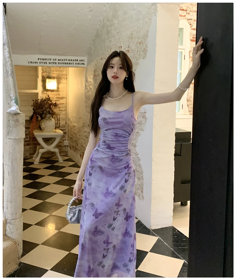 Sexy Printed Long Dresses for Women Mesh Spaghetti Strap Slim A-line Party Dress Summer Korean Fashion One Piece Vestido Mujer