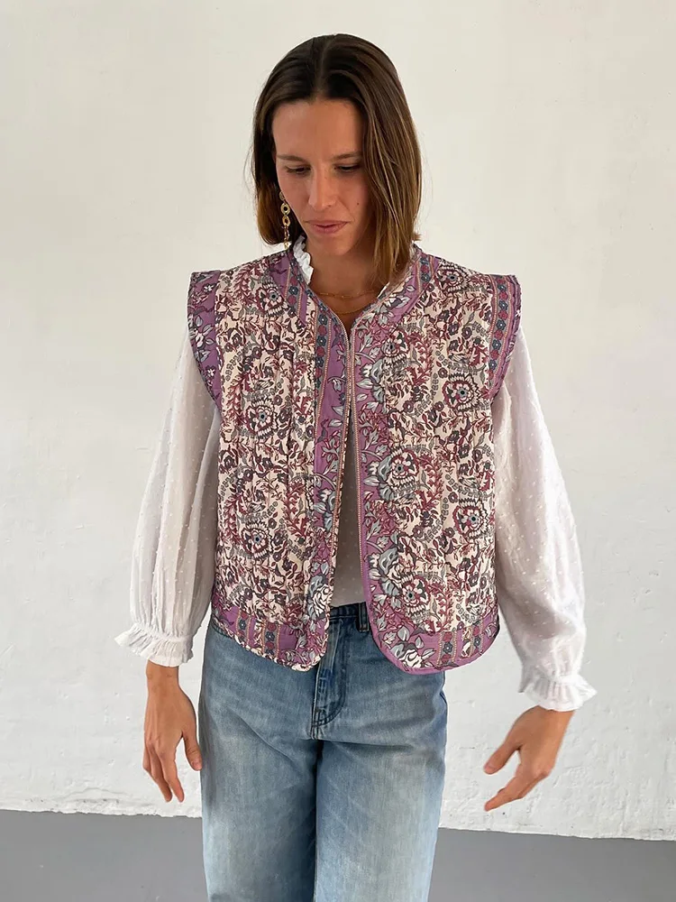 

HH TRAF Vintage Printed Sleeveless Vests for Woman Pockets Elegant Quilting Round Neck Tops Female Fashion Loose Vest Jacket