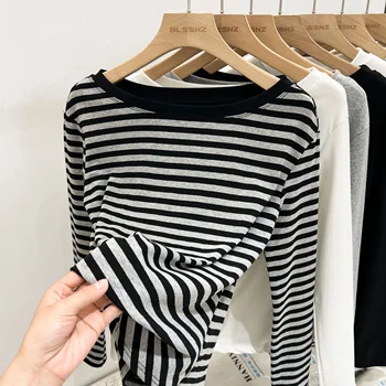 Harajuku ملابس علوية من القطن عادية المحاصيل القمم خمر مخطط سليم تي شيرت المرأة 2025 الصيف Y2k الشارع الشهير س الرقبة طويلة الأكمام تي شيرت 2