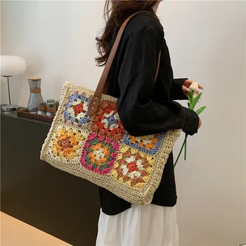 Bohemian Granny Square Straw Women Shoulder Bags Casual Weave Handbags Casual Handmade Summer Beach Bag Large Capacity Tote Bag
