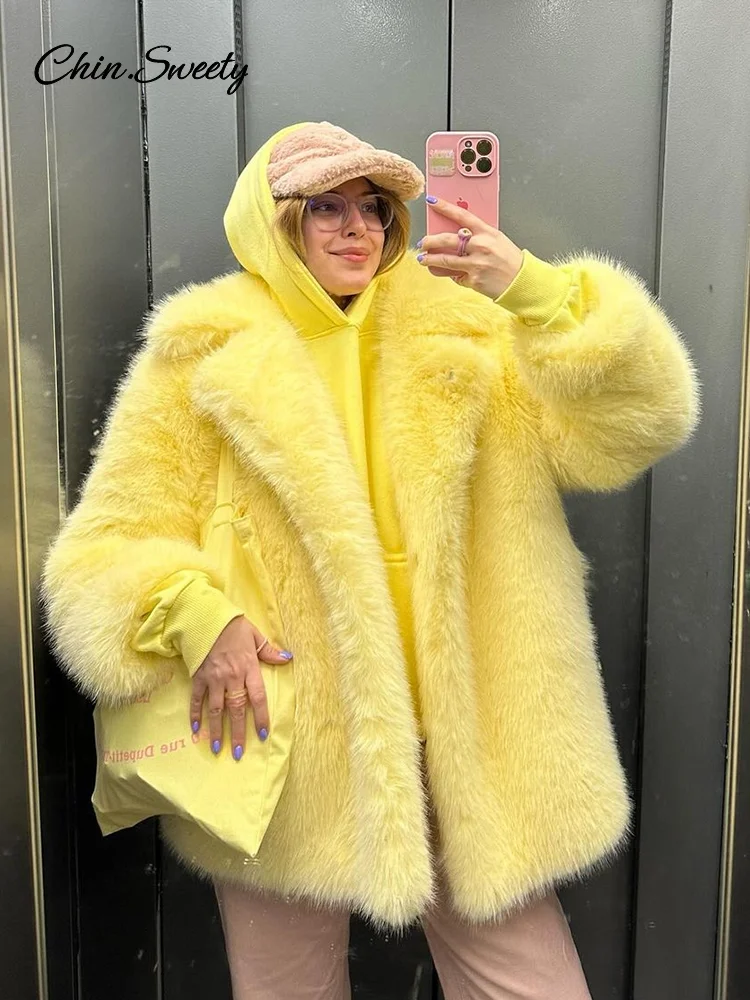 Luxury Women's Brown Faux Fur Coat Lapel Mid-Length Loose Imitation Plush Furry Buckle Overcoat Winter Lady Thick Warm Outwear