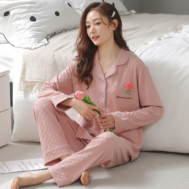 2024 New Women Sleepwear Spring Autumn Pure Cotton Long-Sleeved Casual V-neck Pajamas Suit Female Sweet Cardigan Homewear Suit