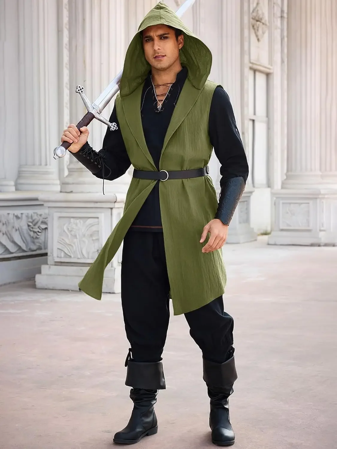 Runcati Costume rinascimentale da uomo Cappotto con cappuccio Cavaliere medievale Tunica senza maniche Top Tabard Vichingo Mantello Holloween - immagine 4
