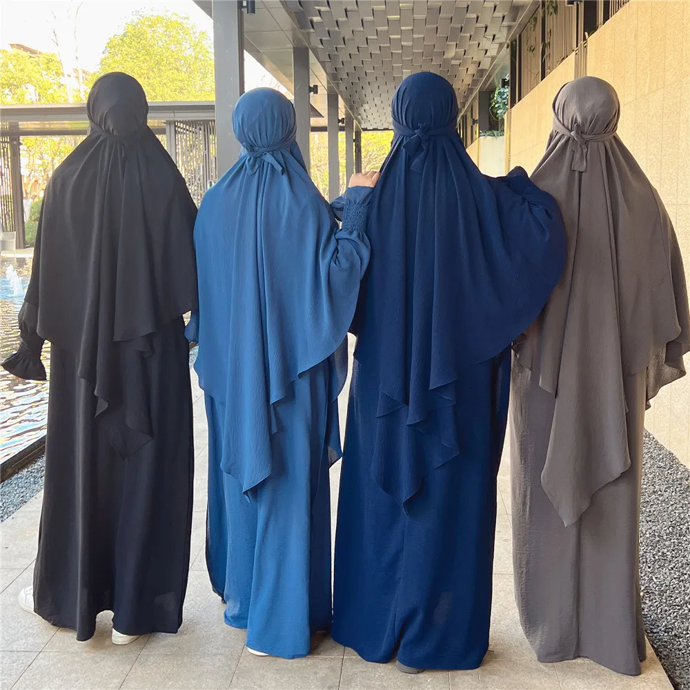 Ramadan Eid Overhead Hijab 2 Piece Set Robes Prayer Garment Muslim Women Dress Abaya Khimar Islamic