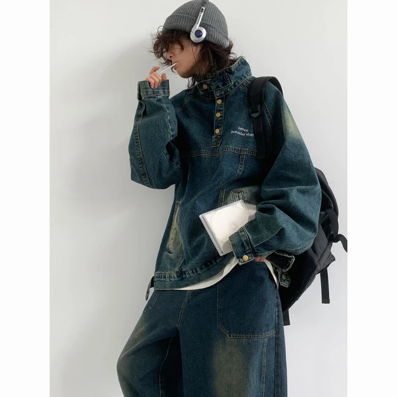 Hip Hop Street Denim Set Men Vintage Stand Collar Washed Denim Pullover+Harajuku Wide Leg Jeans 2-piece Japanese Couple Suit 2