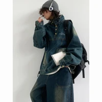 Hip Hop Street Denim Set Men Vintage Stand Collar Washed Denim Pullover+Harajuku Wide Leg Jeans 2-piece Japanese Couple Suit 2