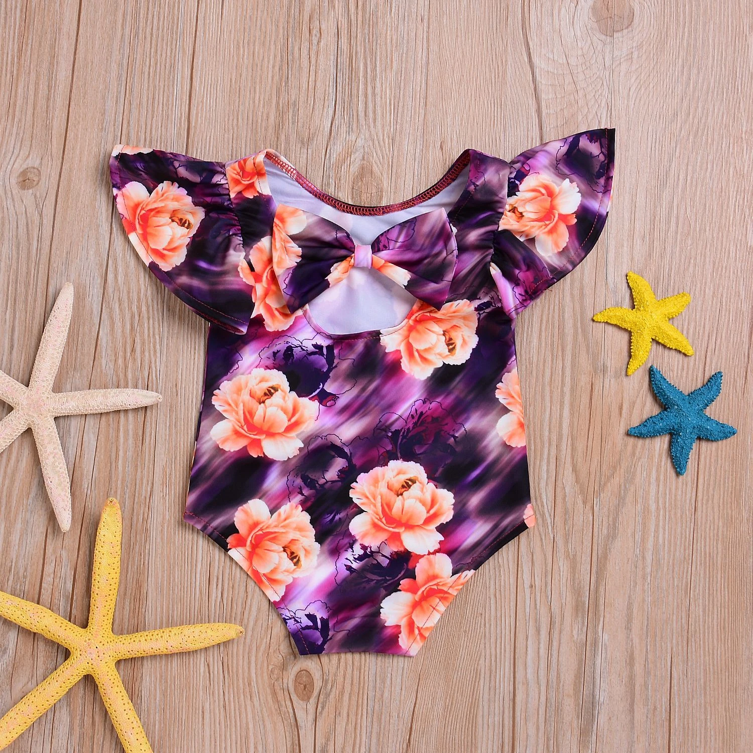 Toddler Girl Bat Sleeve Flowers Bowknot Swimwear Baby Swimsuit Swimming