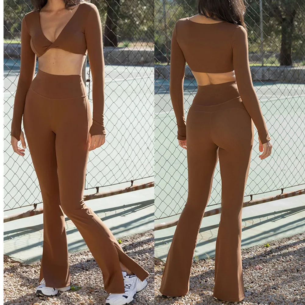 

2024 1/2 шт. нейлоновые топы с длинными рукавами и подушечками, комплект для йоги, женские спортивные брюки для тренировок, леггинсы с расклешенными штанинами для спортивного зала, фитнес-Костю