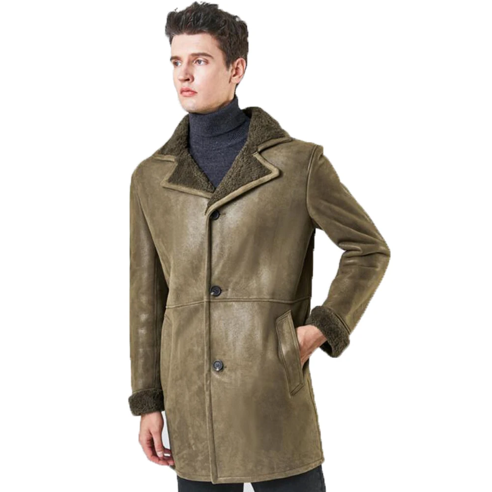 Denny&Dora Mens Mid-Length Sheepskin Coat Mens Green Shearling Coat Mens Leather Jacket With Fur Lining