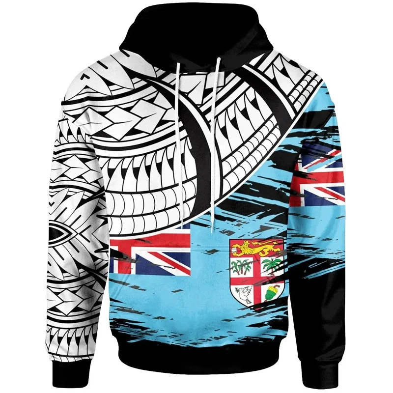 Sudadera con capucha con estampado 3D de la bandera vintage de Fiji para hombre, sudadera con estampado de emblema nacional, sudaderas informales holgadas de manga larga para otoño