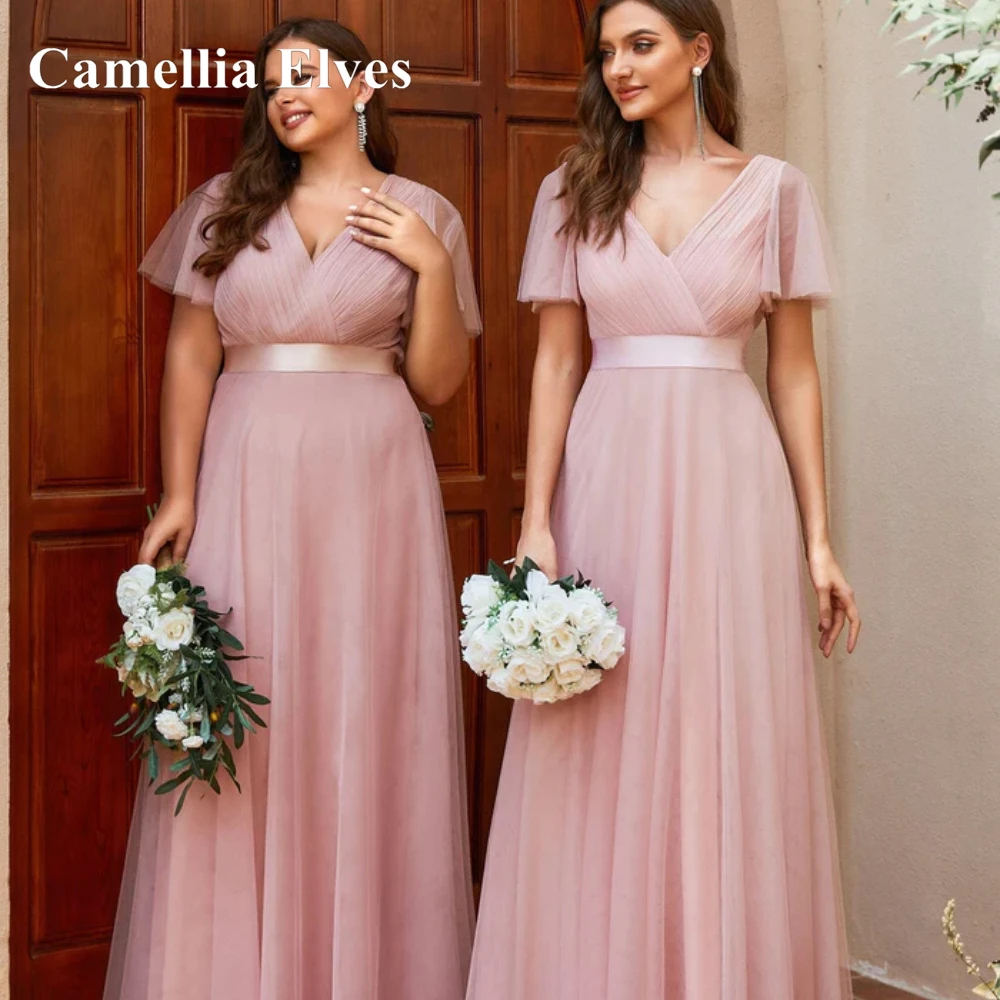 

Elagant A Line Mother Of The Bride Tulle Classic V Neck Shor Sleeves Plus Size Customize Formal Mère De La Mariée For Women