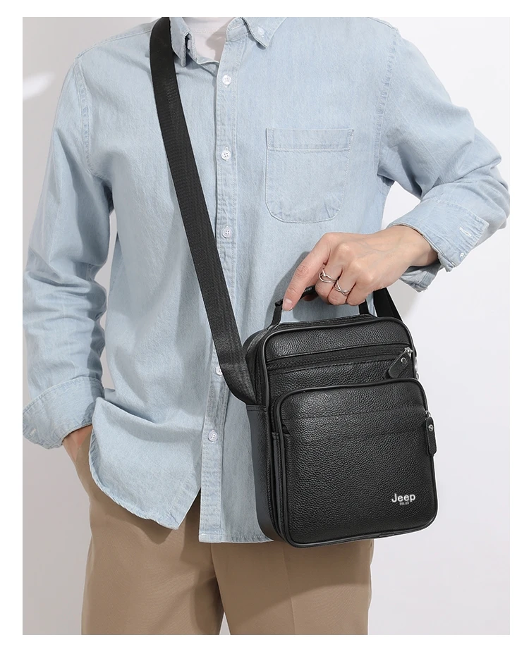 JEEP BULUO Brand Genuine Leather Men Shoulder Bags Black High Quality Male Cow Leather Crossbody Tote Handbags Business Fashion