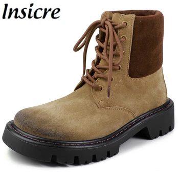 Insicre 2025 Fashion Women's Ankle Boots Cow Suede Round Toe Lace Up Thick Mid Heels Handmade Winter Shoes Non-slip