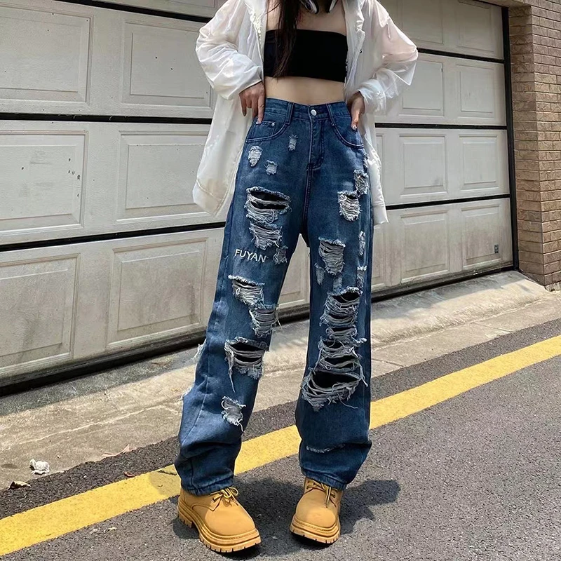 

Streetwear Straight Pants Women Ripped Jeans High Waist Baggy Wide Leg Pants Ladies Jeans Y2K Summer Oversized High Street Jean