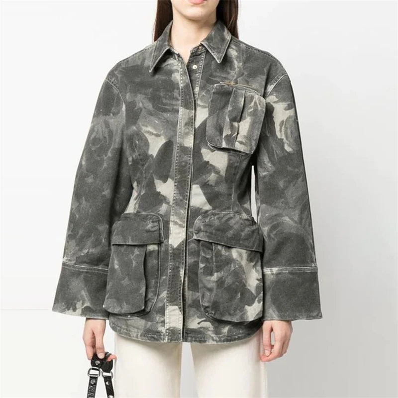

Australian Trendy Jacket With Three-Dimensional Zipper Pocket Decoration And Waist Closure Camouflage Work Jacket For Women