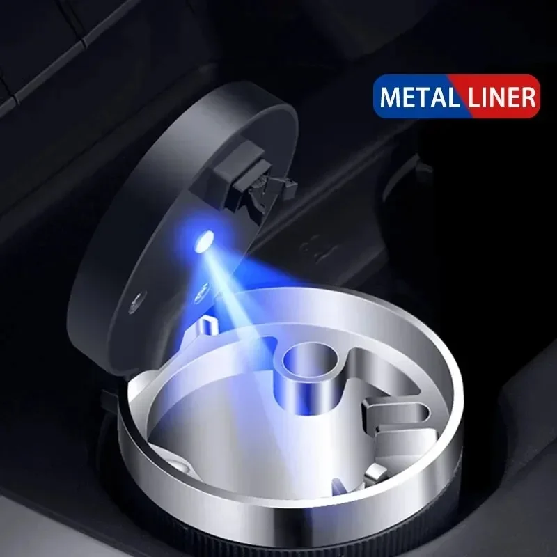 Car Ashtray With Lid Blue Led Smell Proof Portable Ashtray Cup For Auto Fireproof Shell One Touch Open Car Accessories