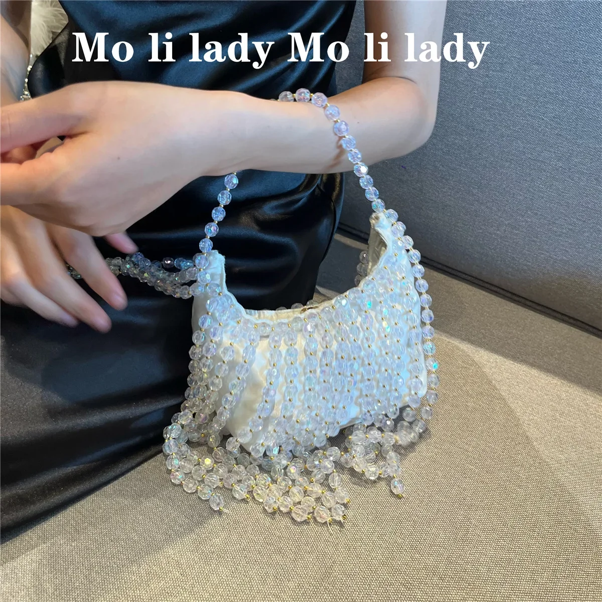 Retro Handbag Fairy Popular Woven Beaded Bucket Bag Crossbody  Summer Niche Design Hollowed Out Pearl Women Bag