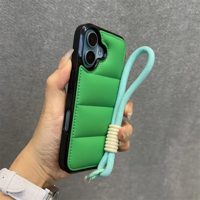 Luxurious Wrist Strap Down Jacket Phone Case with Lanyard Cover
