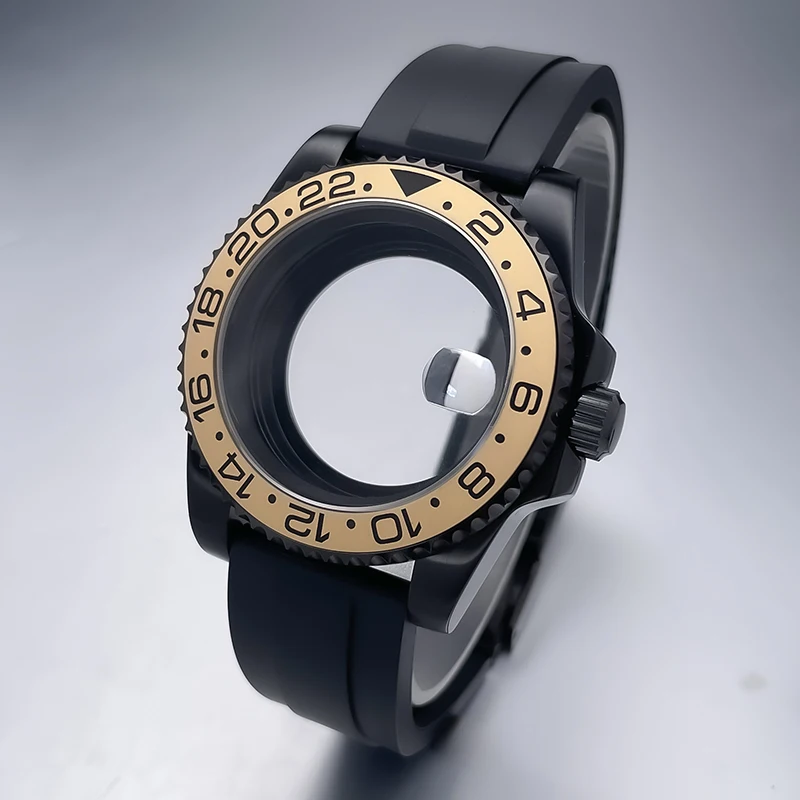 All-Black Sub Style Watch Case with Rubber Strap and Sapphire Crystal