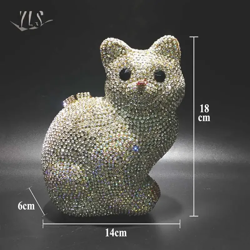 Women Evening Bag Ladies Rhinestone Bag Evening Dress Wallet Crystal Silver Gold Cat shaped Handbag Party