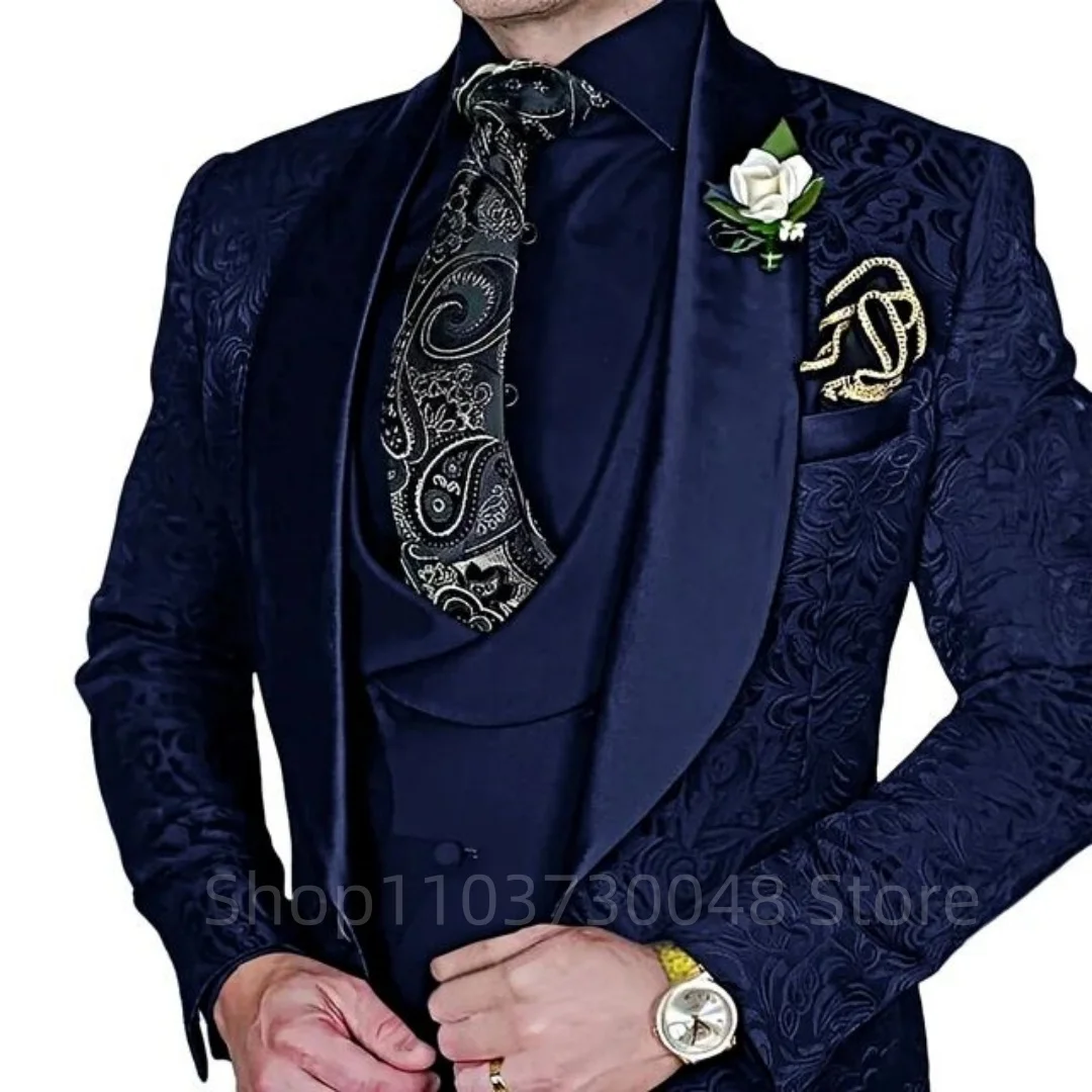 Fashion Jacquard 3-Piece Men's Tuxedo Suit with Shawl Lapel Slim Fit Blazer Vest Pants for Business Wedding Prom Party
