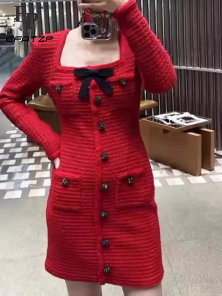 

EFATZP Red Quare Collar Knitting Mini Dress Women's 2024 New Spring Long Sleeve Single Breasted Small Fragrant Slim Dresses