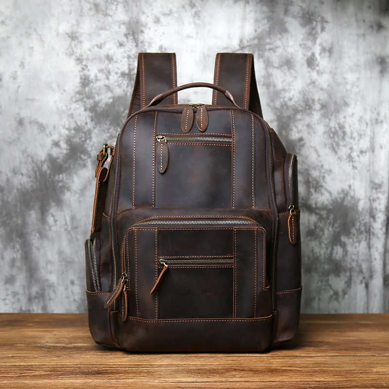 NZPJ Retro Genuine Leather Men's Backpack Top Layer Cowhide Backpack  Fashion Men's Bag Crazy Horse Skin Travel Computer Bag