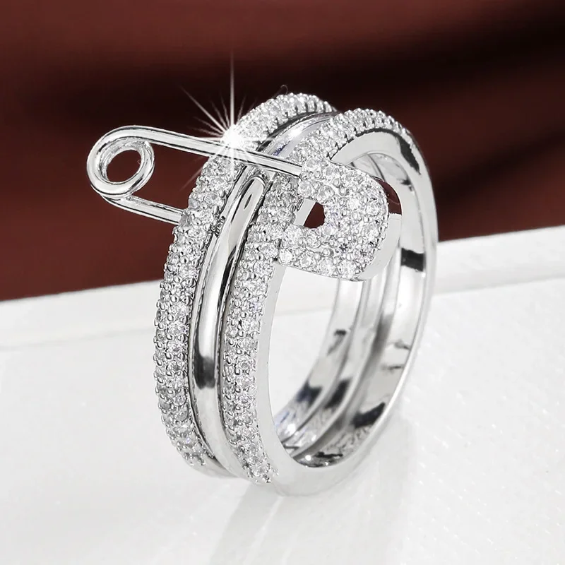 Fashion Stacked Pin Connection Three Layers Designer Ring for Women Personality Zircon Pin Ring Valentine's Day Gift Jewelry 5