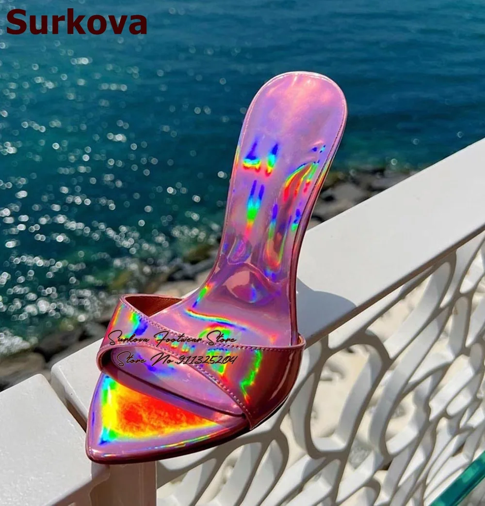 

Surkova Hologram Iridescent Patent Leather High Heel Slippers Pink Green Gold Reflective Pointed Toe Sandals Slip-on Dress Shoes